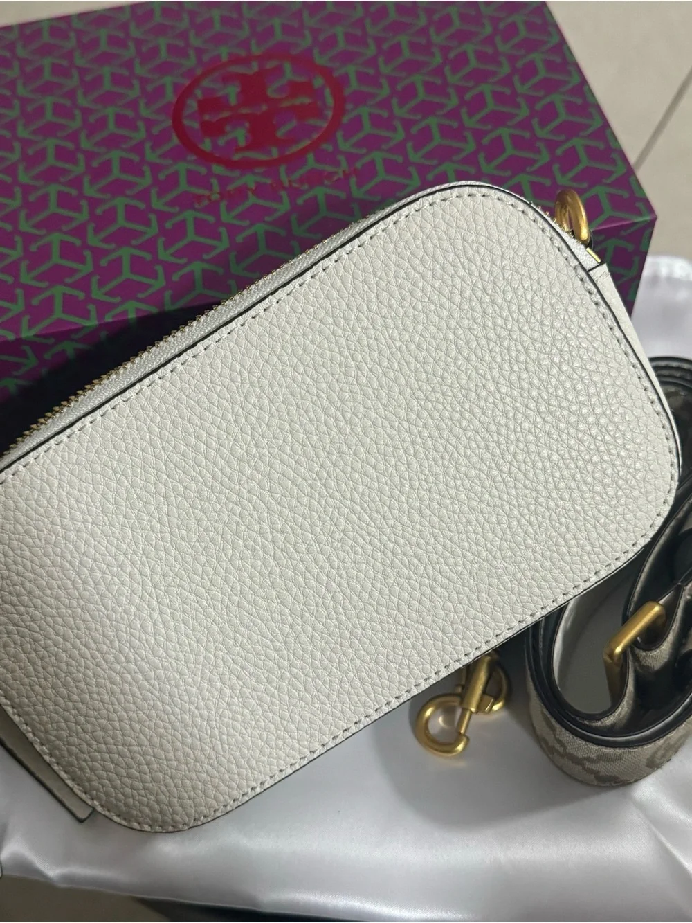 Tory Burch White Pebbled Leather Logo Crossbody